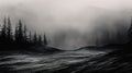 Veiled in Mist, The Surreal and Atmospheric Beauty of Shadowy Mountains and Trees, Generative AI