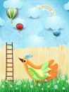 Surreal background with balloons, stairs and colorful bird