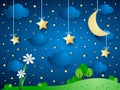 Surreal background with moon, clouds and flowers