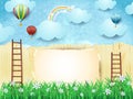 Surreal background with stairs and hot air balloons