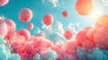 Surreal Balloon Dreamscape: Colorful Balloons Soar in Pink and Aquamarine Sky Royalty Free Stock Photo