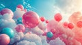 Surreal Balloon Dreamscape: Colorful Balloons Soar in Pink and Aquamarine Sky Royalty Free Stock Photo