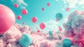 Surreal Balloon Dreamscape: Colorful Balloons Soar in Pink and Aquamarine Sky Royalty Free Stock Photo