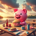 Surreal humorous pig dressed in retro medieval enjoy aperitive red wine and a ham sandwich at sunset
