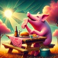 Surreal humorous pig dressed in retro medieval enjoy aperitive red wine and a ham sandwich at sunset