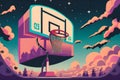 surreal basketball court hovering in the sky. Layered
