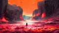 A surreal beach with a waterfall made of lava. Fantasy concept , Illustration painting