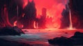 A surreal beach with a waterfall made of lava. Fantasy concept , Illustration painting