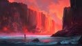 A surreal beach with a waterfall made of lava. Fantasy concept , Illustration painting