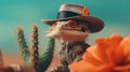 Surreal Bearded Dragon In Cowboy Hat: Vray Tracing, Dark Orange Desert, Cinematic Elegance