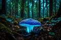 The surreal beauty of a glowing bioluminescent mushroom emerging from the forest floor, illuminating its surroundings