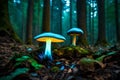 The surreal beauty of a glowing bioluminescent mushroom emerging from the forest floor, illuminating its surroundings