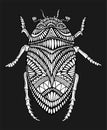 Surreal bizarre abstract beetle with many patterns coloring page for children and adults, isolated on dark. Decorative