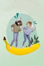 Surreal bizarre template collage of freak people with animal faces mask dancing on exotic fruit yellow banana