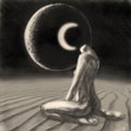 surreal black and white illustration of a woman in the desert under the moon