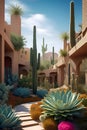 The surreal blend of architectural blueprints and blooming cactus garden, bold painting, abstract art, desert oasis view, nature