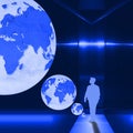 Surreal blue metallic interior room with figure of young man and world globe. Elements of this image furnished by NASA.