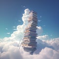 Surreal book stack and ladder reaching towards cloudy skies