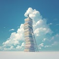 Surreal book stack and ladder reaching towards cloudy skies