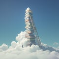 Surreal book stack and ladder reaching towards cloudy skies