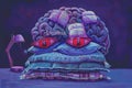 Surreal brain bed with 'Insomnia' label, whimsical yet distressing sleep concept.