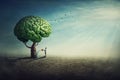 Surreal brain tree in a desolate land and a determined person watering it using a sprinkling can. Man splashes the green shrub Royalty Free Stock Photo