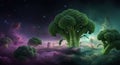 Fantasy Broccoli Landscape with Nebula Sky and Mysterious Figures Royalty Free Stock Photo