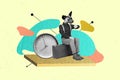 Surreal cartoon collage of head dog animal man sitting lonely waiting his railway transport check watches on