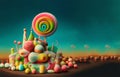 illustration of surreal castle made of sweets , candies and lollipops on a colorful abstract background