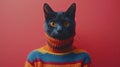 Surreal Cat with Human Body in Colorful Sweater