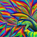 A surreal chameleon with vibrant rainbow patterns, blending seamlessly into a kaleidoscopic background2, Generative AI