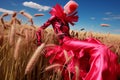 A surreal character in a crimson outfit performs an expressive pose amidst golden wheat fields, evoking a sense of Royalty Free Stock Photo