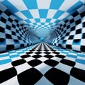 Surreal Checkered Tunnel: Blue And White Illusion In Flattened Perspective