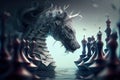 surreal chess board playing out a fierce battle between magical creatures and warriors