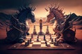 surreal chess board playing out a fierce battle between magical creatures and warriors