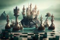 surreal chess match in a dreamlike world, with floating castles and dragons