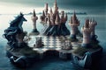 surreal chess match in a dreamlike world, with floating castles and dragons