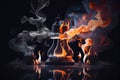 surreal chess match with floating pieces, burning flames, and billowing smoke