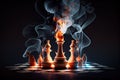 surreal chess match with floating pieces, burning flames, and billowing smoke