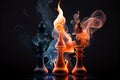 surreal chess match with floating pieces, burning flames, and billowing smoke