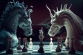 surreal chess match between two mythical creatures