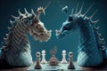 surreal chess match between two mythical creatures