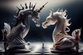 surreal chess match between two mythical creatures