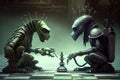 surreal chess scene, with a robot and alien playing against each other Royalty Free Stock Photo