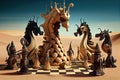 surreal chess scene, with strange creatures battling for the king