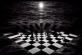 surreal chessboard floating in a void of darkness and silence