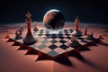 surreal chessboard, with pieces floating in zero-gravity environment