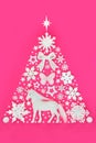Surreal Christmas Tree Design with Unicorn and White Ornaments Royalty Free Stock Photo