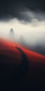 Surreal Cinematic Minimalistic Landscape With Fog And Lonely Red Figure