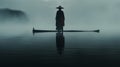 Surreal Cinematic Minimalistic Shot: Asian-inspired Boat Scene In Foggy Water